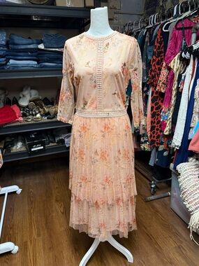 Oasis Peach Floral Tiered Long-Sleeve Midi Dress